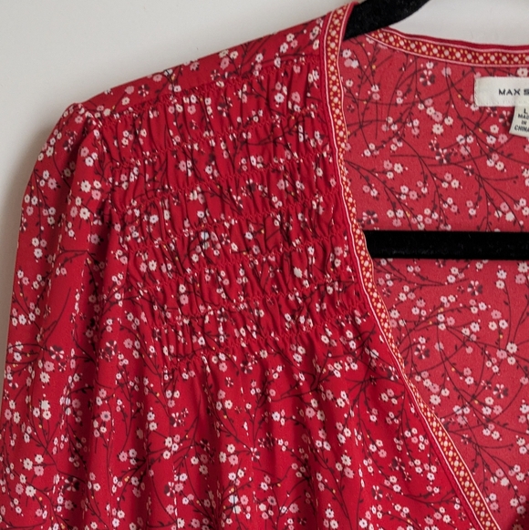 Max Studio Red White Floral Long Sleeve Wrap Style Blouse Large - Picture 4 of 15